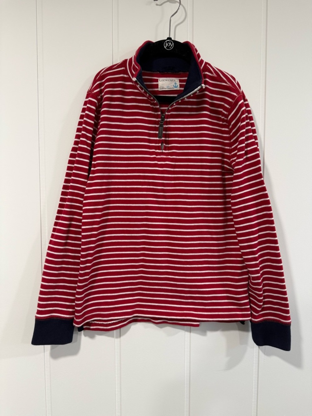 Crewcuts Red & White Striped Half-Zip Pullover with Navy Trim
